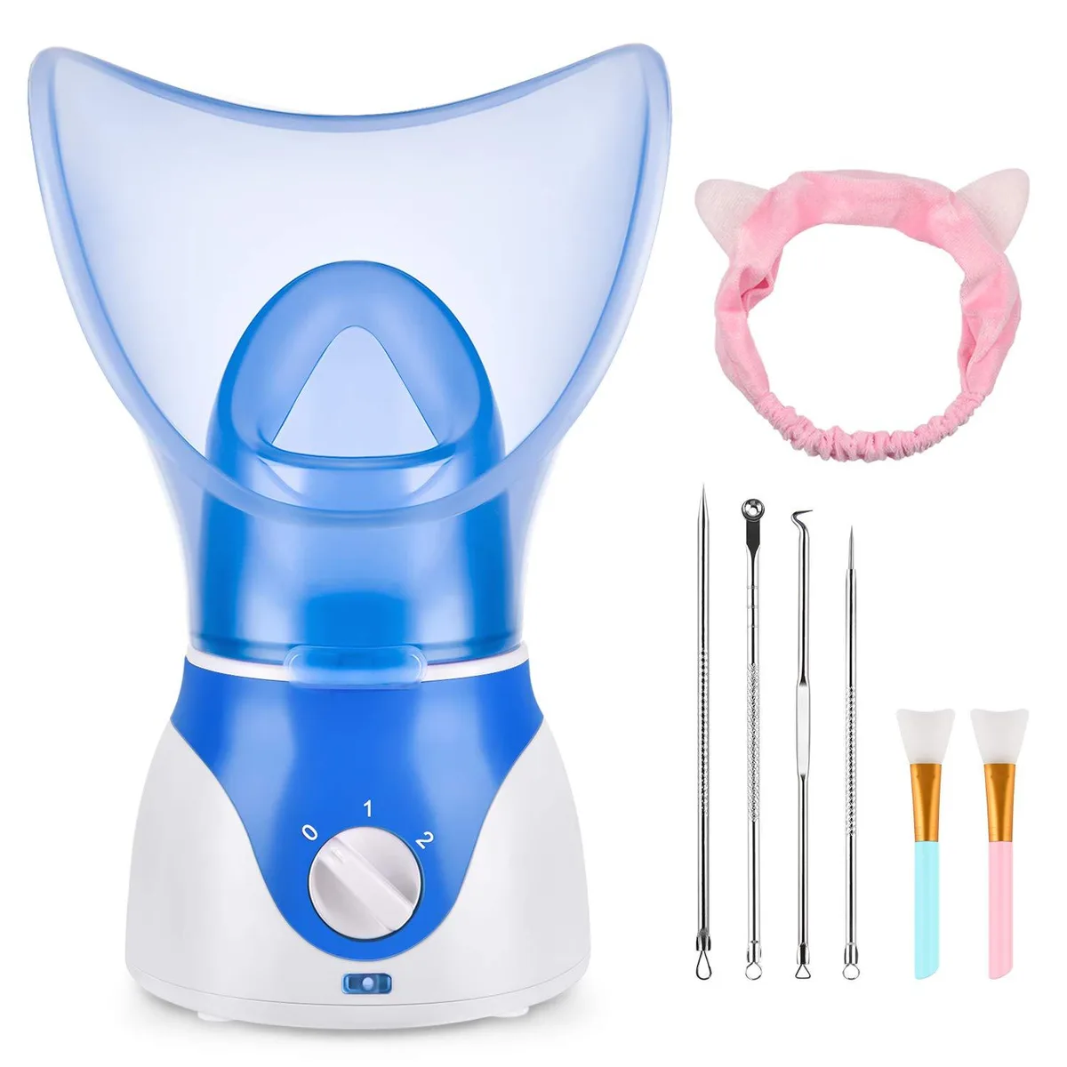 Blue corded facial steamer with mask, 50 ml tank, includes blackhead kit and headband