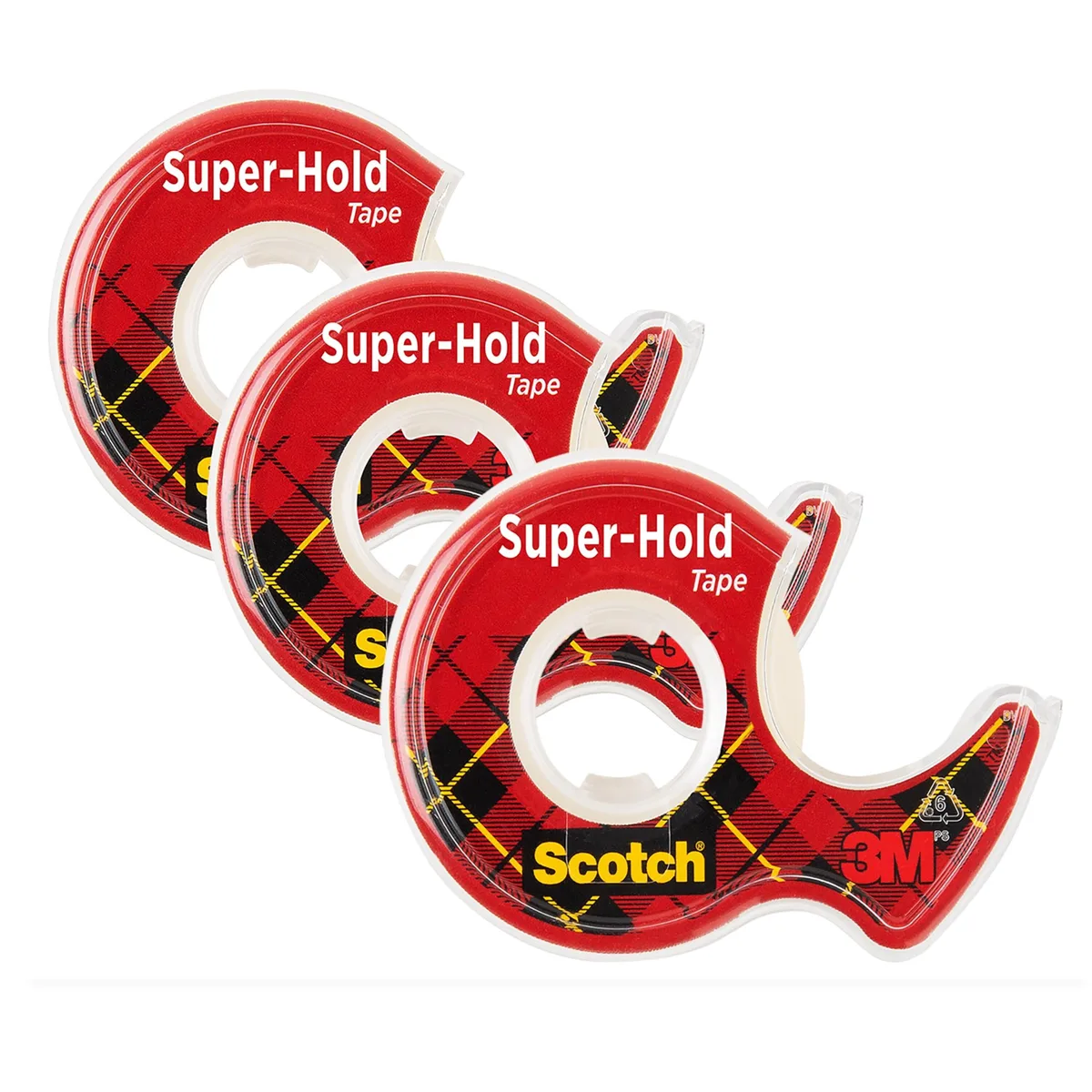 Three transparent tape rolls in reusable dispensers