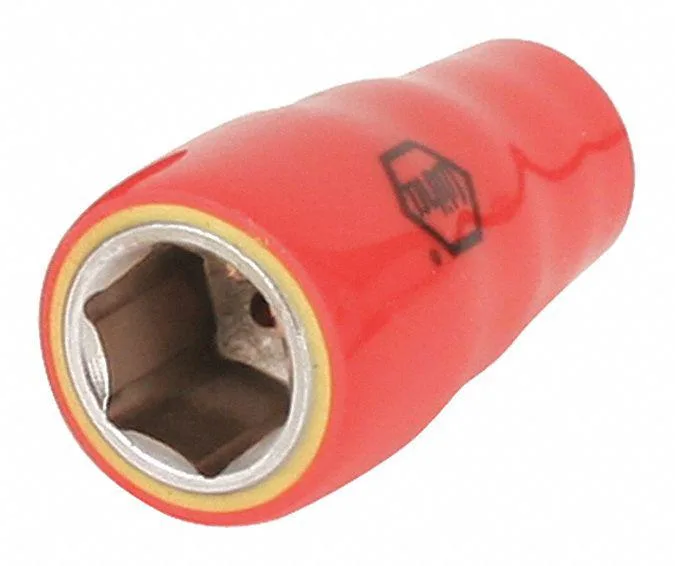 Chrome-finished insulated socket with red-over-yellow double insulation, 1/4 inch drive