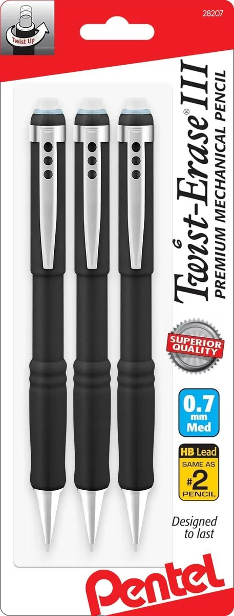 Three black plastic mechanical pencils with twist-up erasers and comfort grips