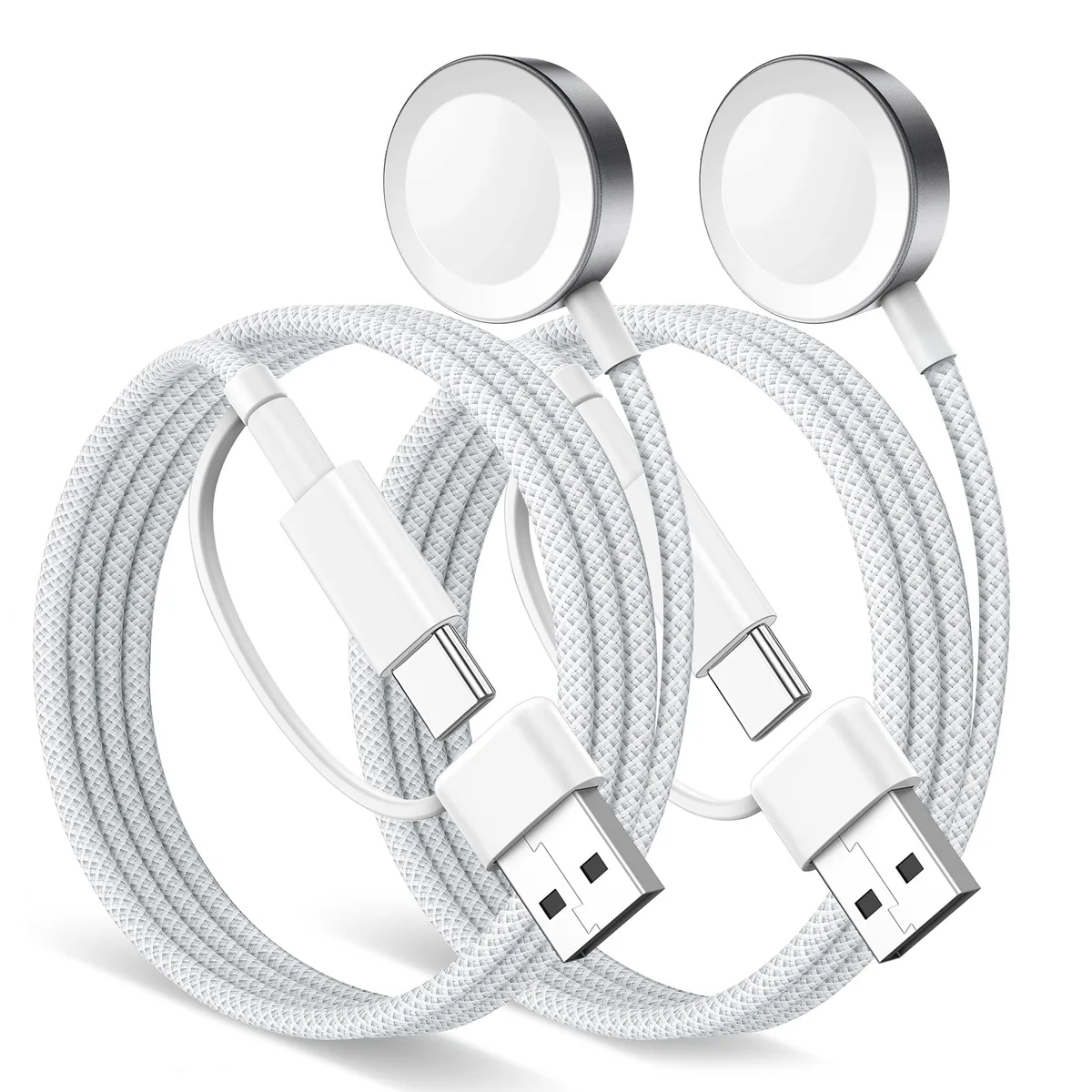 Two white Apple Watch chargers with braided cables and USB-A/C plugs