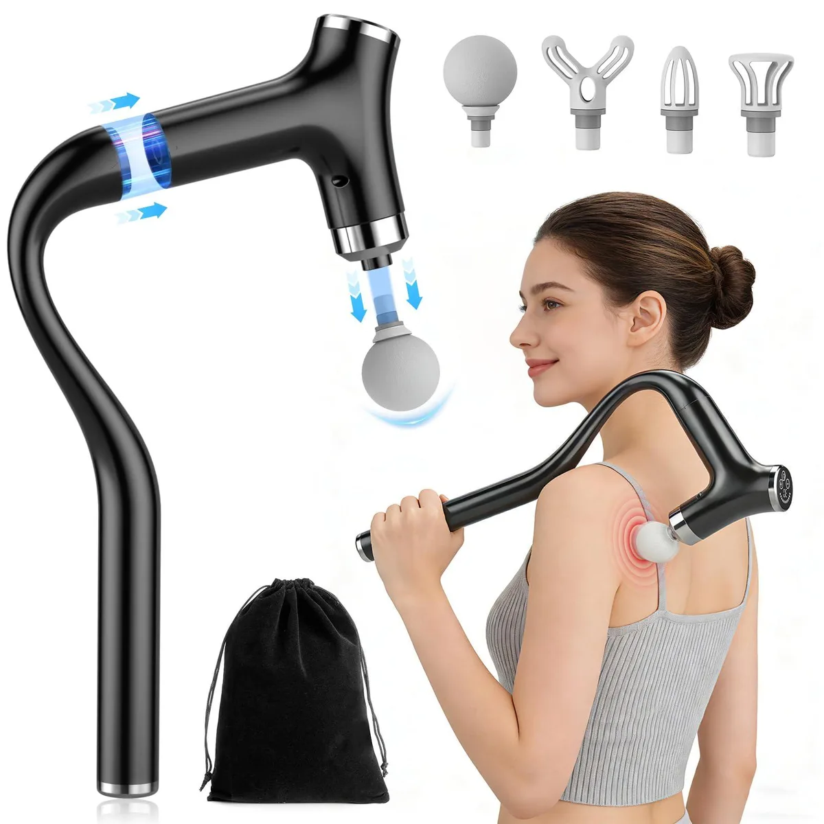 Blue handheld percussion massager with detachable extension handle and four interchangeable heads