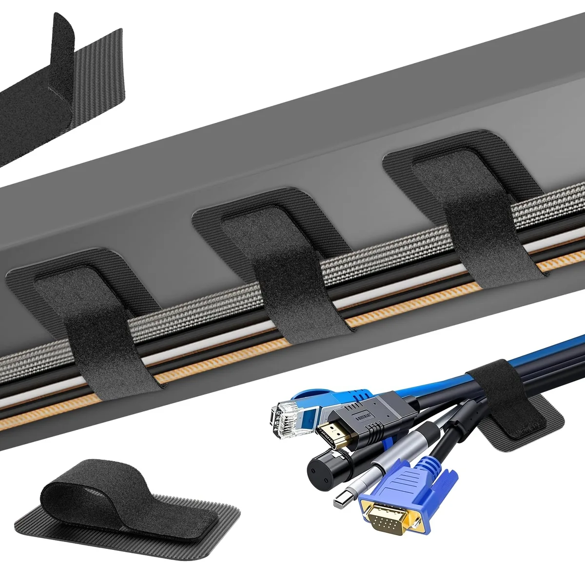 Black self-adhesive hook-and-loop cable straps and pads, 20 pairs, compact design