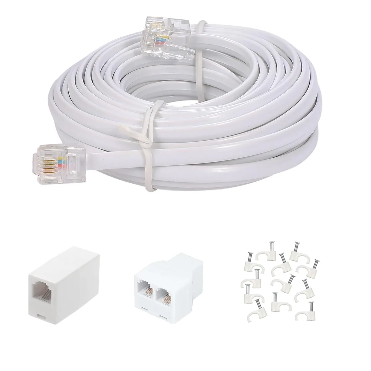 Black telephone extension cord with RJ11 plugs, splitter, coupler and 15 cable clips