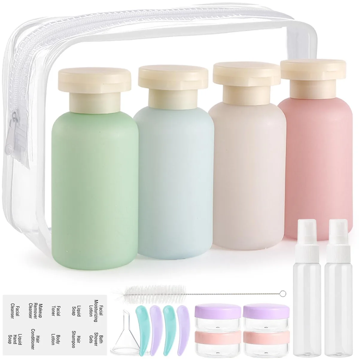 Eighteen-piece travel toiletry set with squeeze bottles, cream jars, spray bottles, spoons, funnel, brush, labels and clear bag