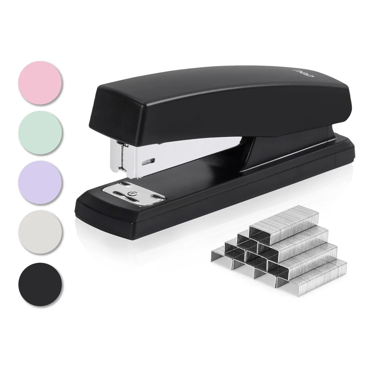 Black desktop stapler with rubber base and spring-loaded magazine