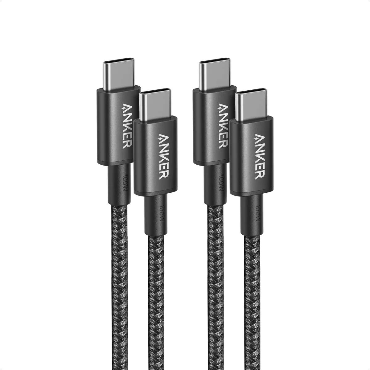 Two black nylon USB-C to USB-C cables, six feet long, male-to-male connectors, braided finish