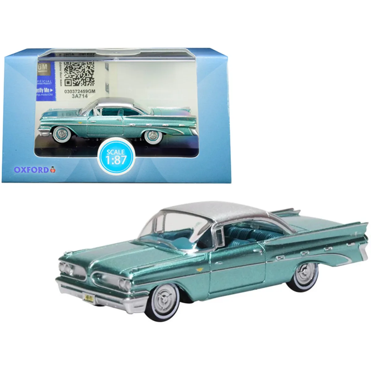 Oxford Diecast Oxford Diecast 1959 Pontiac Bonneville Coupe Seaspray Green Silver Top 1/87 HO Scale Vehicle — product photo