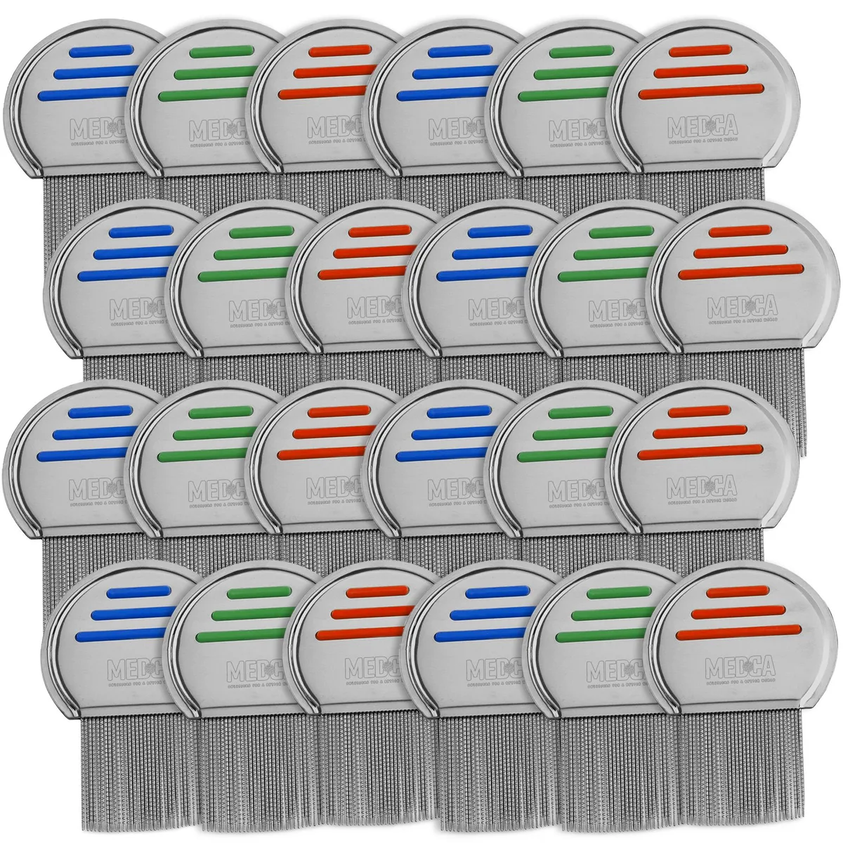 Twenty-four stainless steel lice combs with rounded teeth, individually wrapped