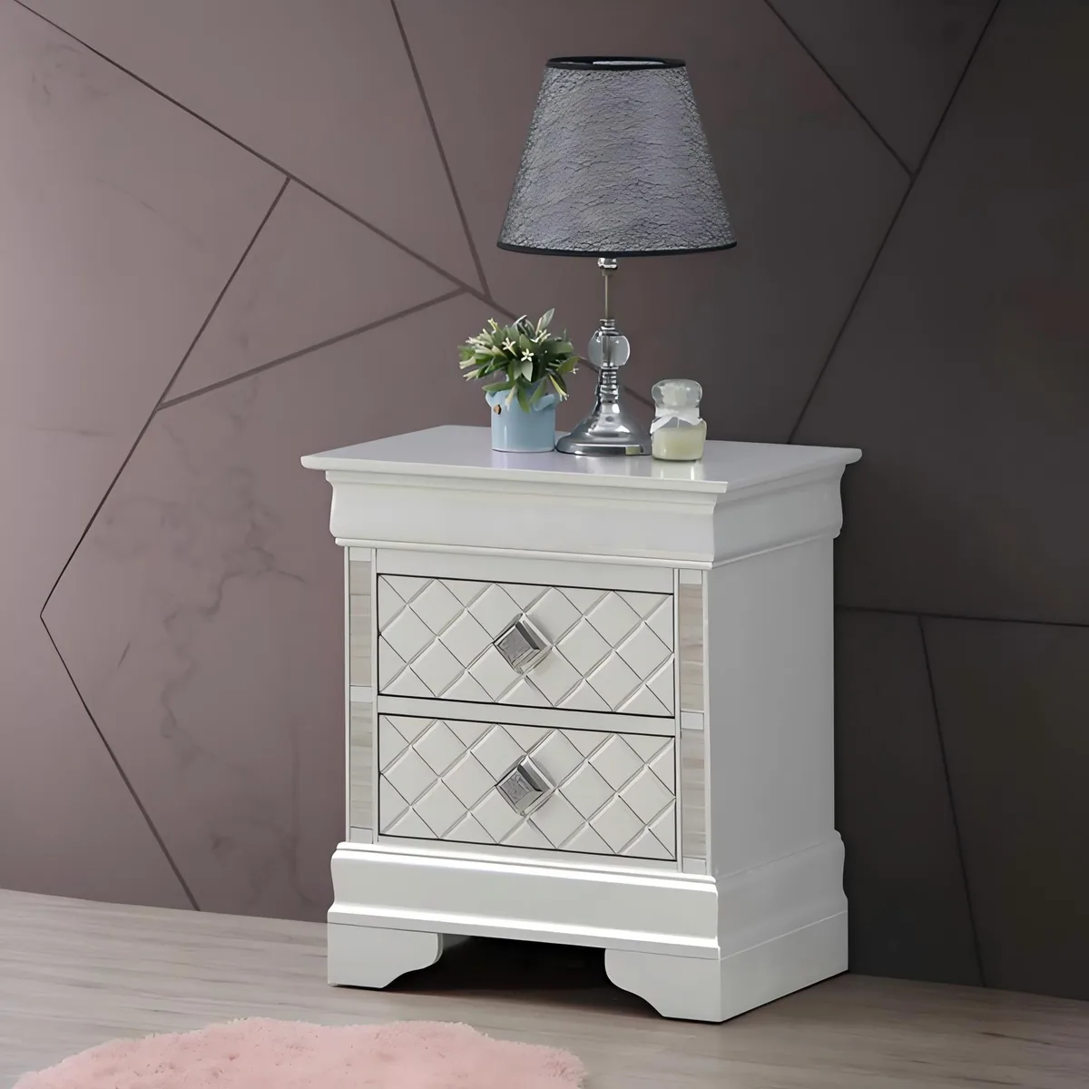 tuphen Sleek Silver Champagne Nightstand, particle board, two drawers, 24H x 21W x 16D