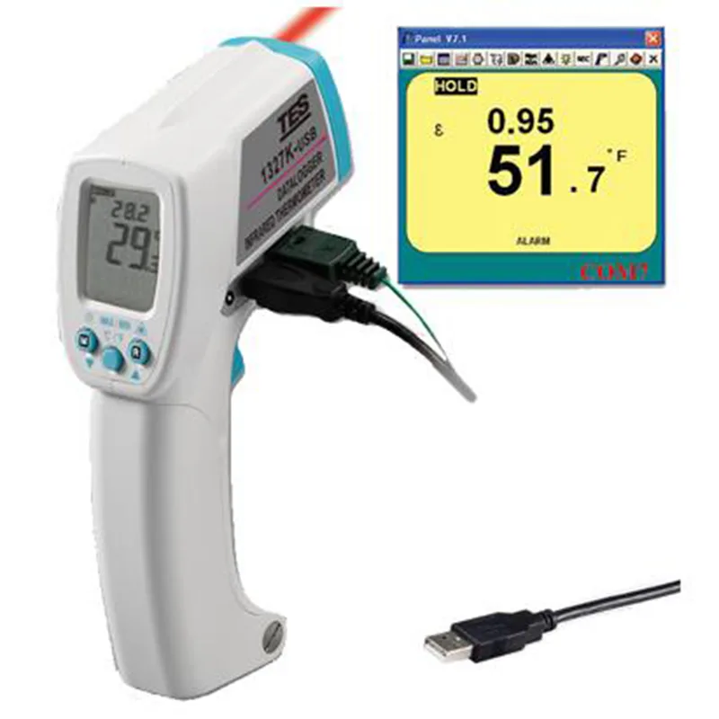 Red handheld infrared thermometer with USB interface, model 1327