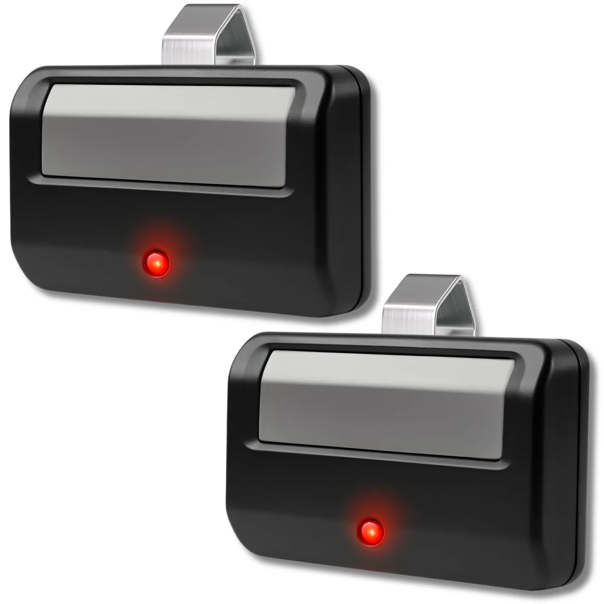 Two small black rectangular remotes with single buttons and visor clips