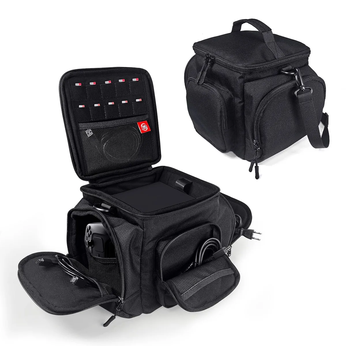 Black padded travel case with top handle and detachable shoulder strap, fits Steam Machine, two controllers, ten game cards