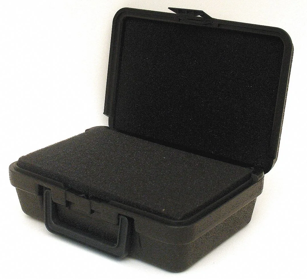 Black rectangular protective case with folding handle and single latch