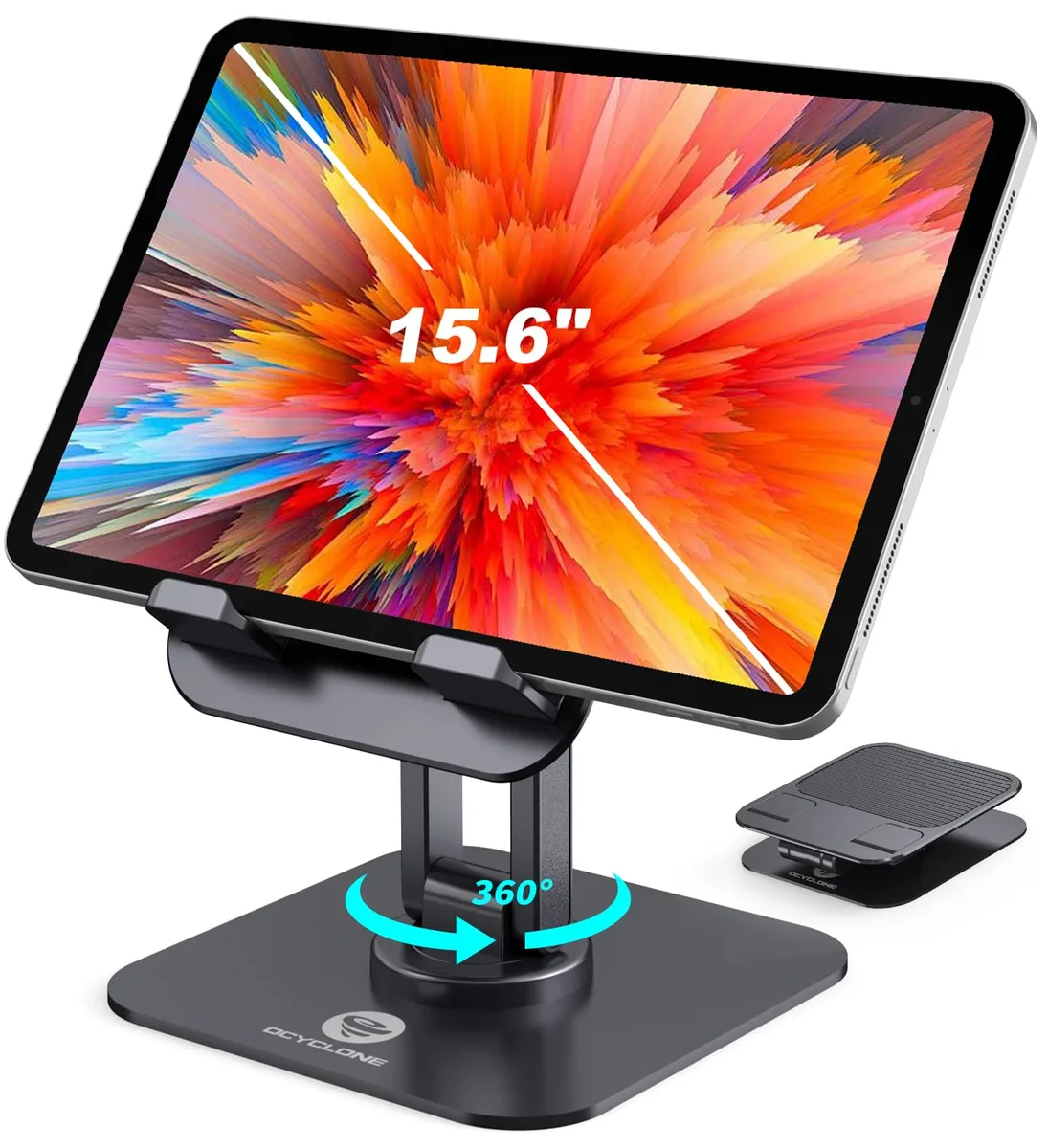 Black foldable tablet stand with metal base and adjustable arms, 360-degree rotation, compact rectangular shape