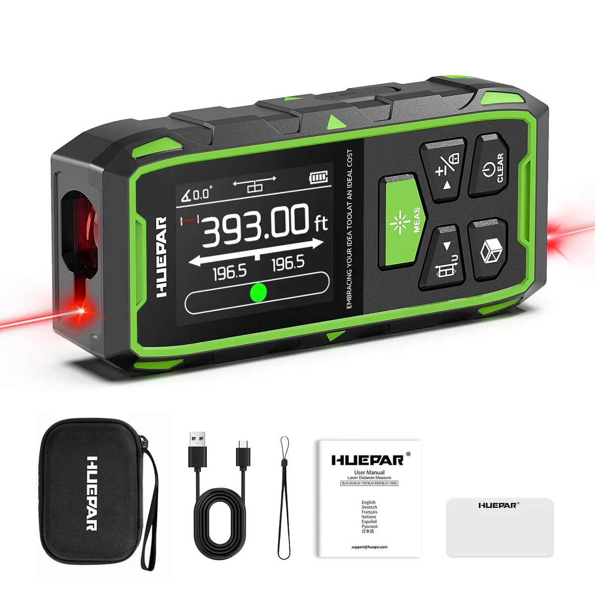 Handheld dual laser distance meter with LCD screen and USB-C port