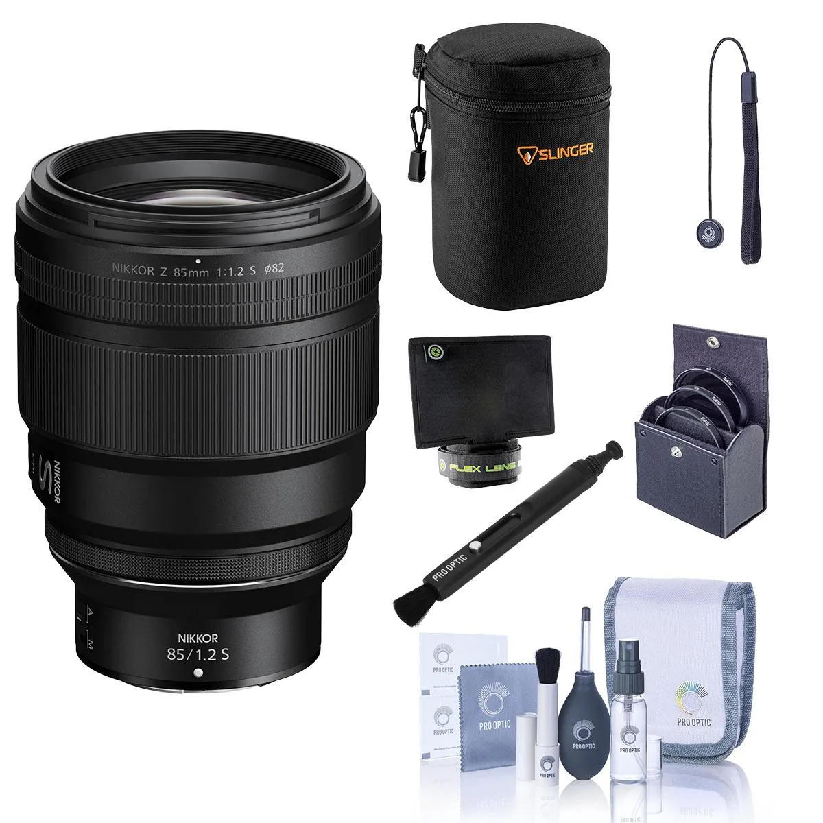 Black cylindrical Nikon Z-mount lens with hood, bundled with grey case, filter kit, cleaning tools and tether