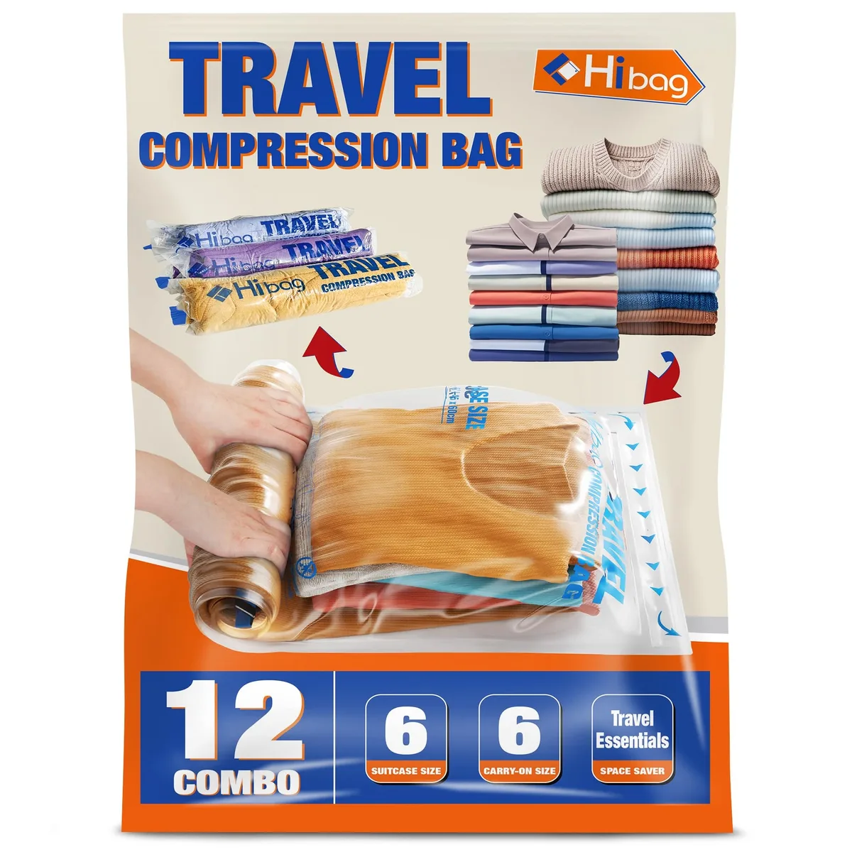 Twelve beige compression bags in medium and large sizes with dual-colour zipper seals