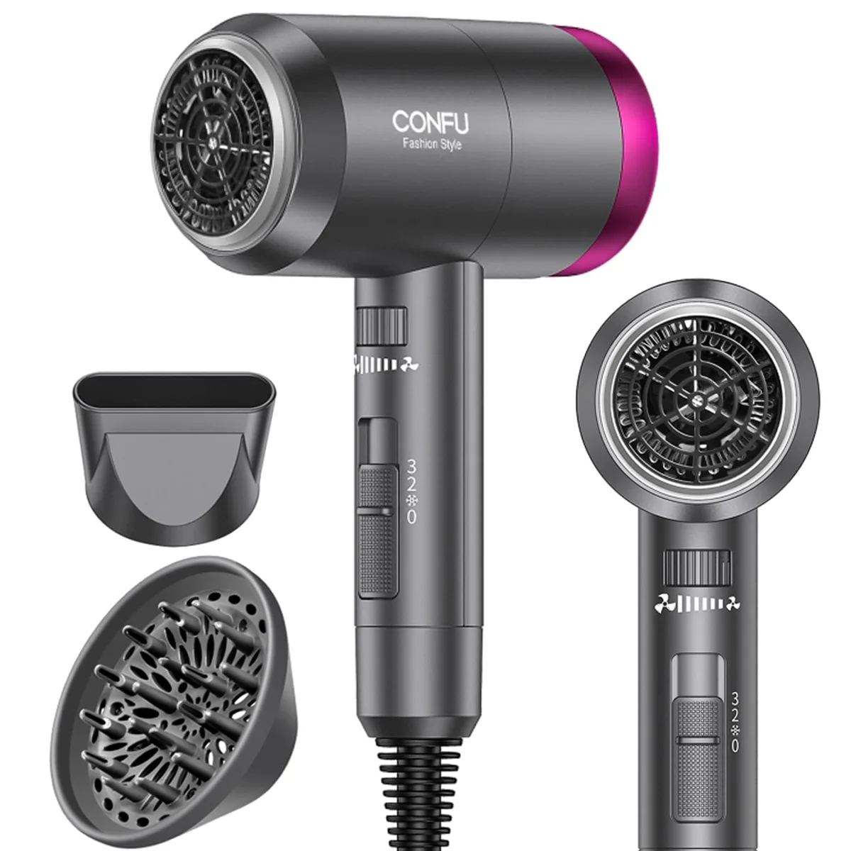 Grey hair dryer, compact cylindrical body, diffuser and concentrator nozzles included