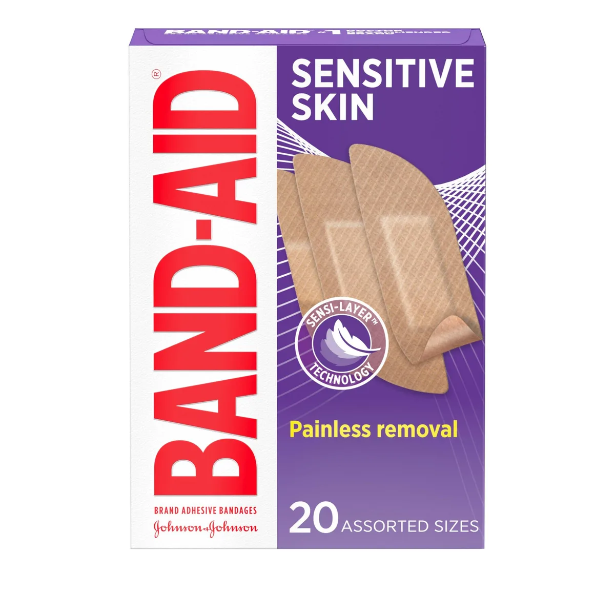 Cardboard box containing twenty sterile adhesive bandages in assorted sizes