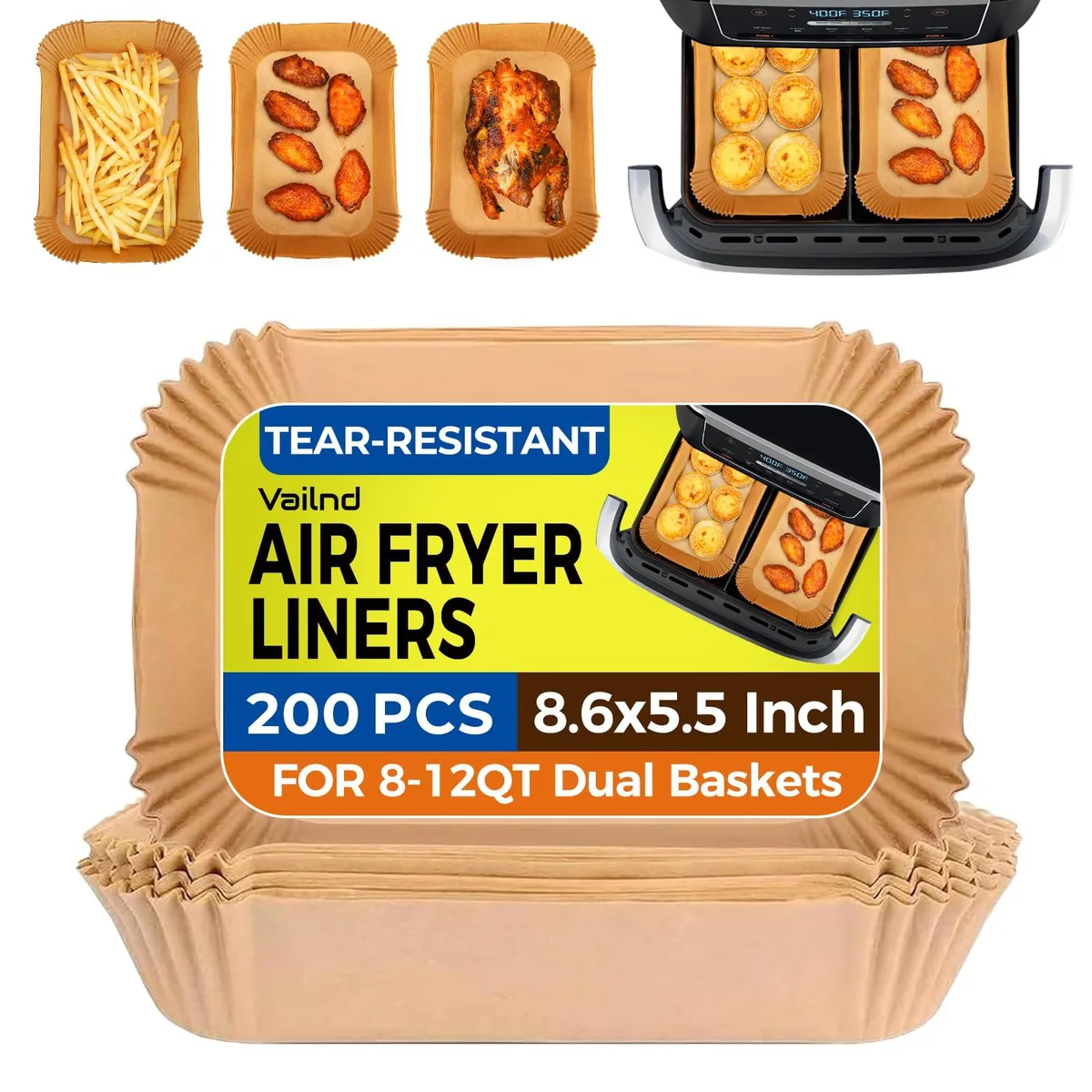 vailnd V-200-RE8 Rectangle Air Fryer Liners 200 Sheets 8.6 x 5.5 Inch — product photo