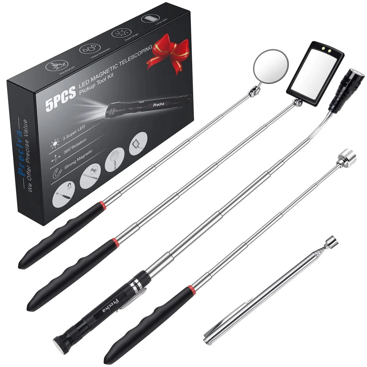 Five-piece magnetic tool set with telescopic pickup rods, LED mirrors and flexible flashlight