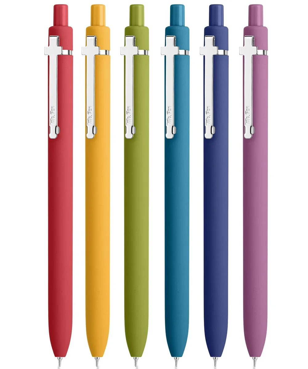 Six blue retractable gel pens with silver cross clips, 0.5mm tips
