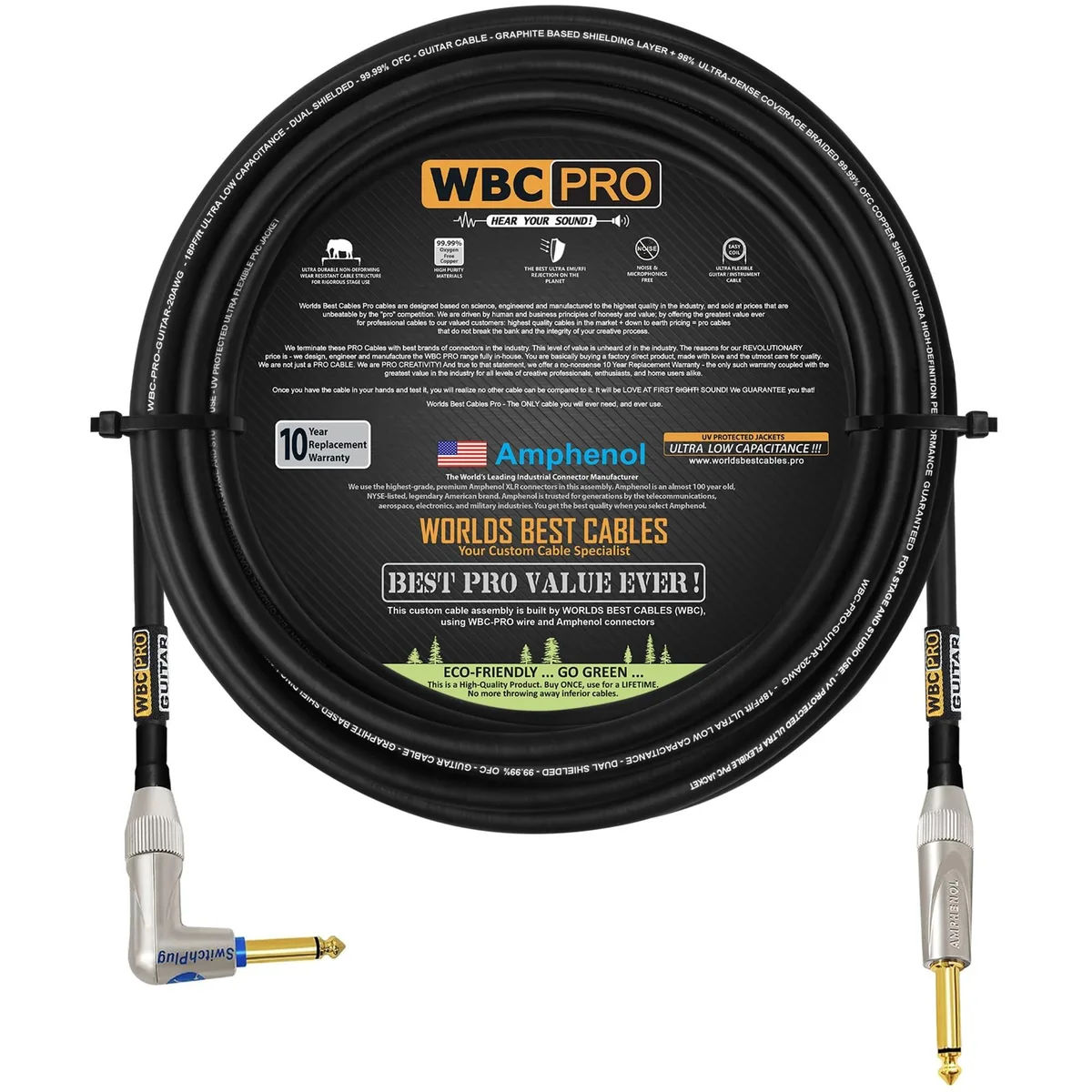 BoYata BoYata WBC-PRO-Guitar 20 AWG 25 Foot Low-Cap 18pF/ft Dual-Shielded Instrument Cable Amphenol Gold TS Plugs — product photo