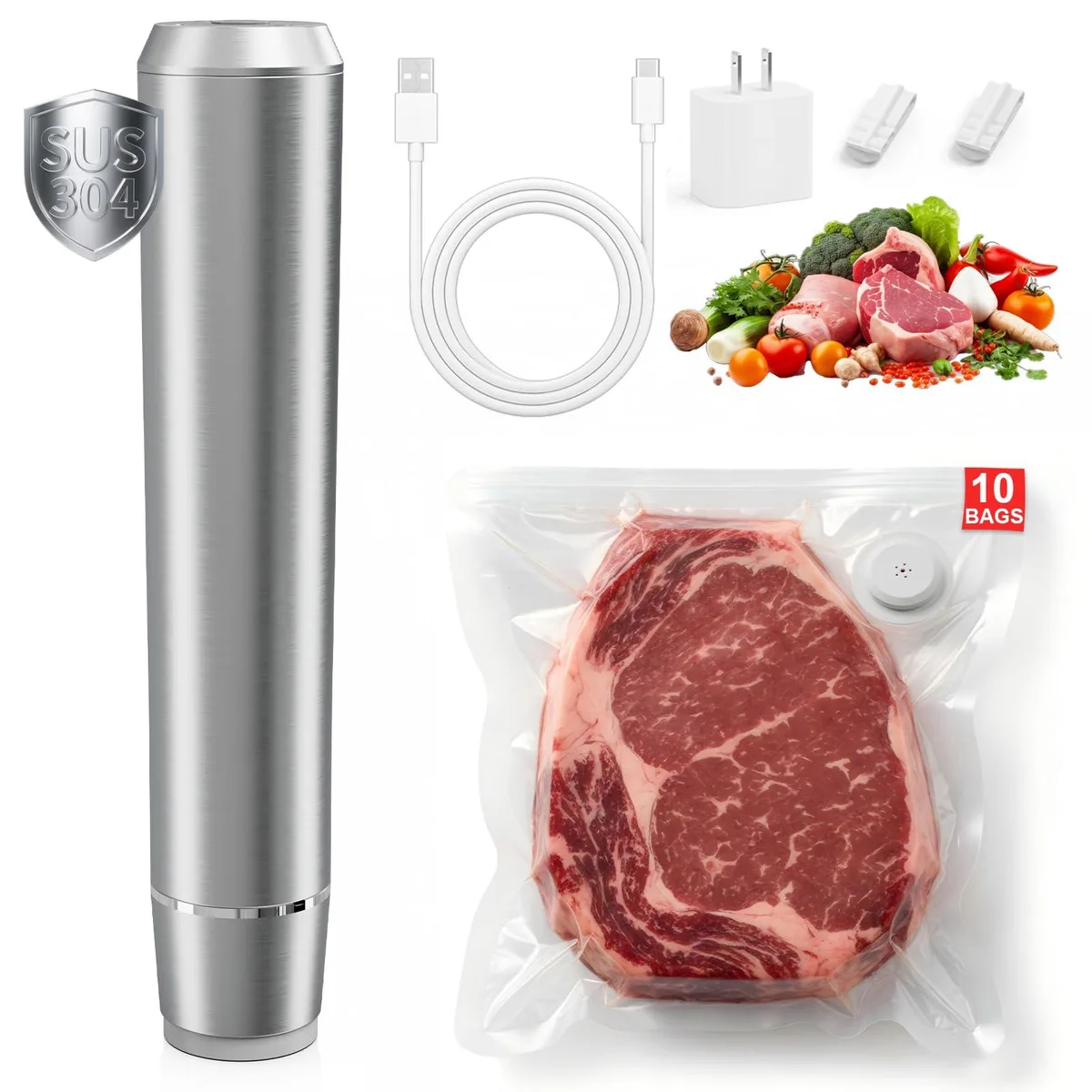  MJYNITE MJ030 Handheld Vacuum Sealer 304 Stainless Steel Silver 10 Bags — product photo