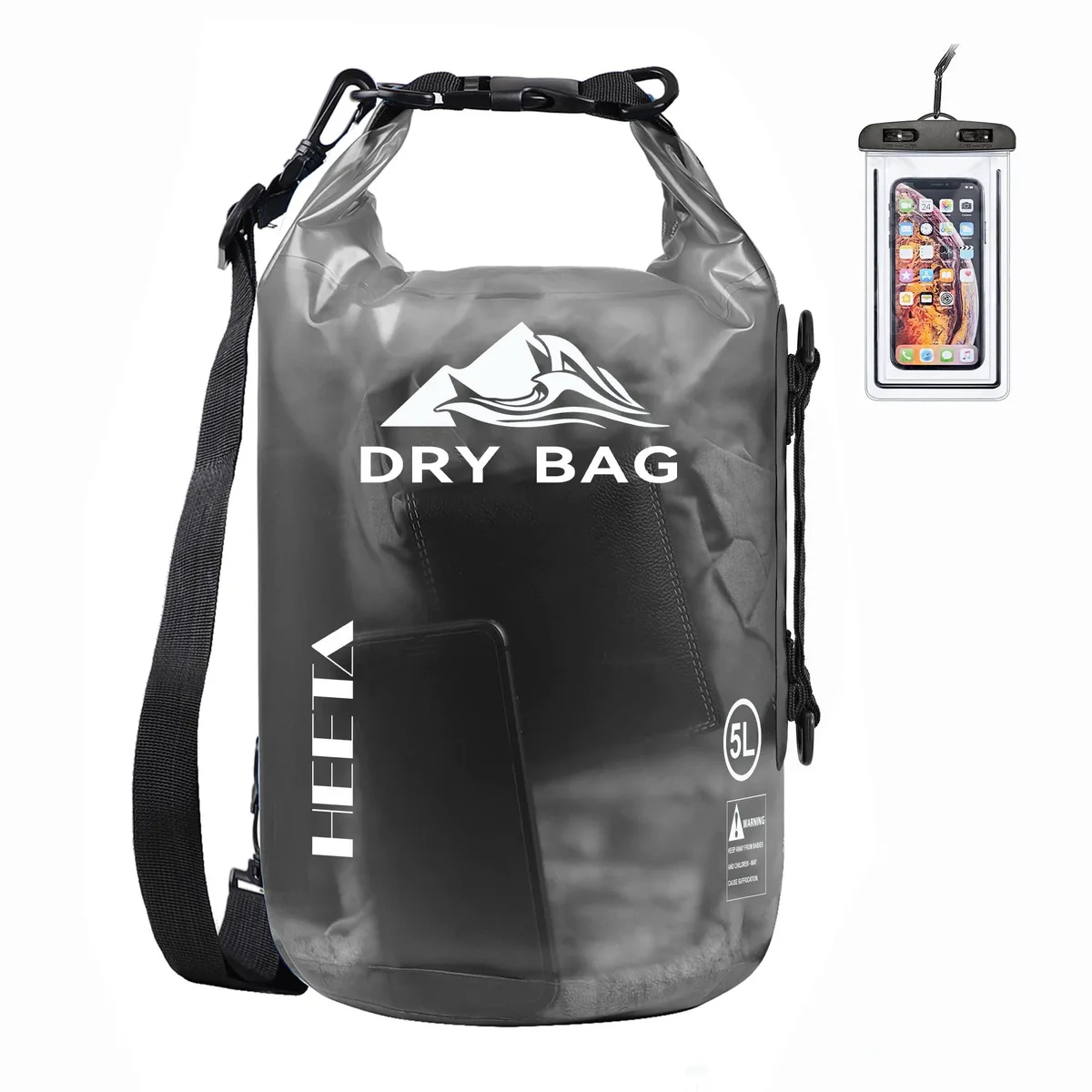 Transparent black PVC dry bag with roll top and adjustable shoulder straps