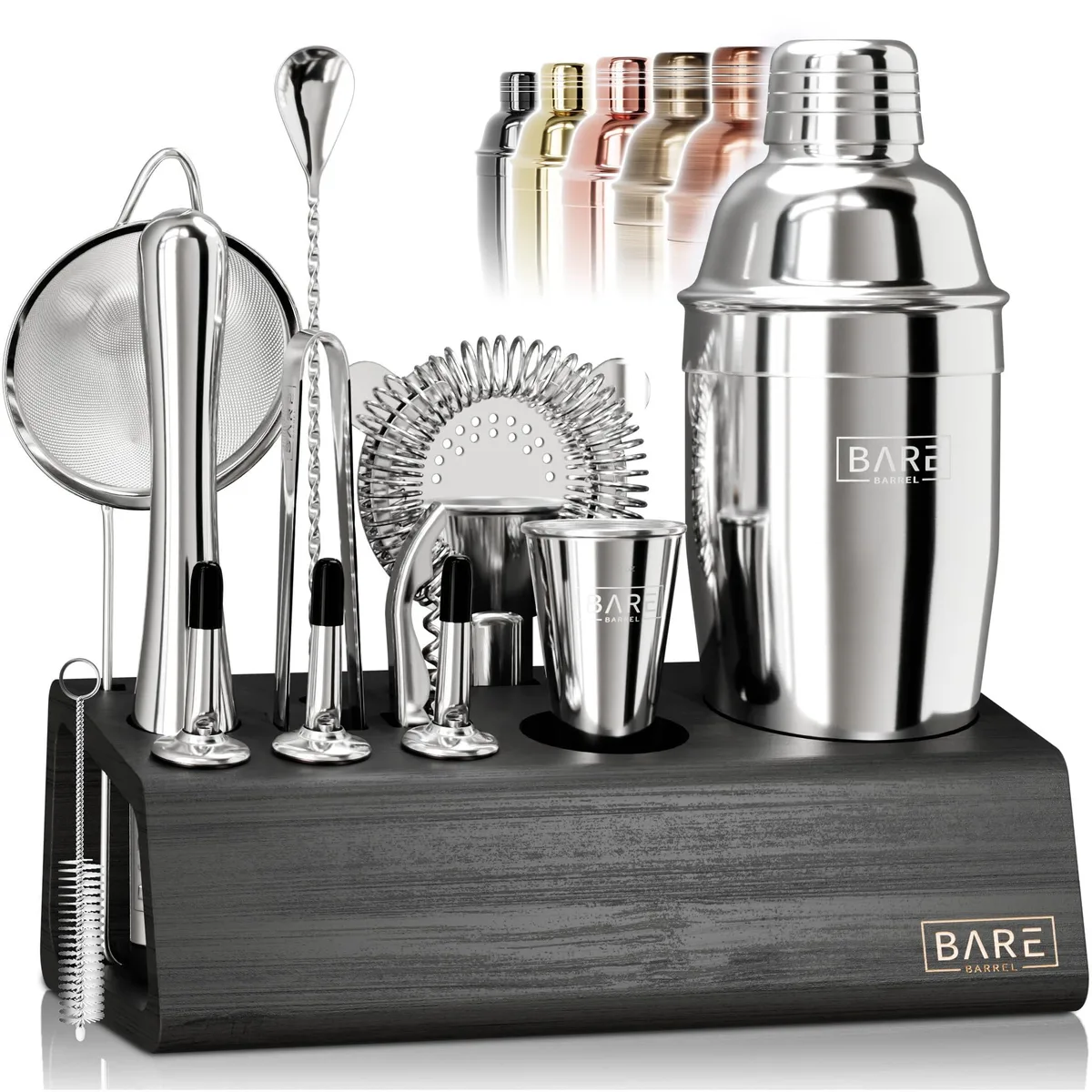 Silver and black 14-piece bar tool set with cobbler shaker and bamboo organiser stand