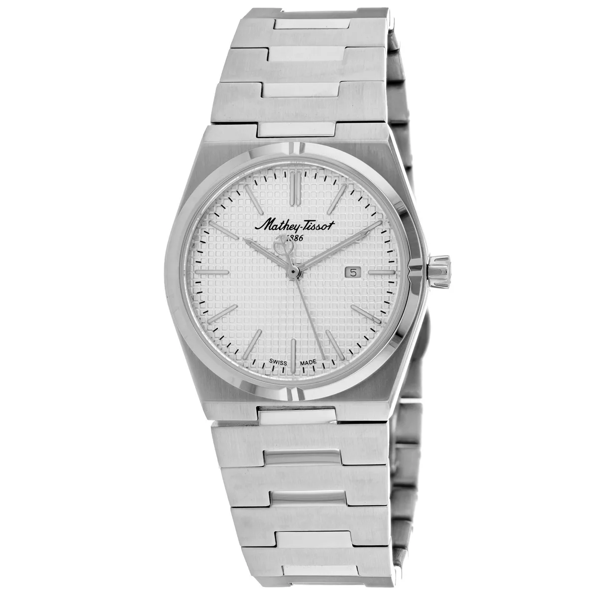 Silver stainless steel watch with matching bracelet and silver dial