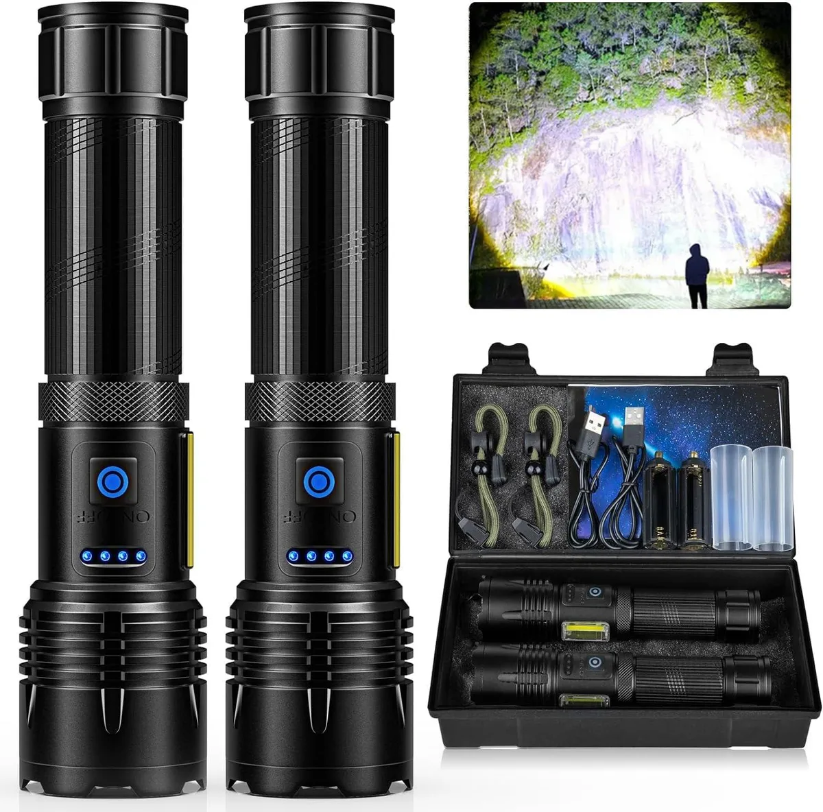 Cylindrical rechargeable flashlight with textured grip and power display