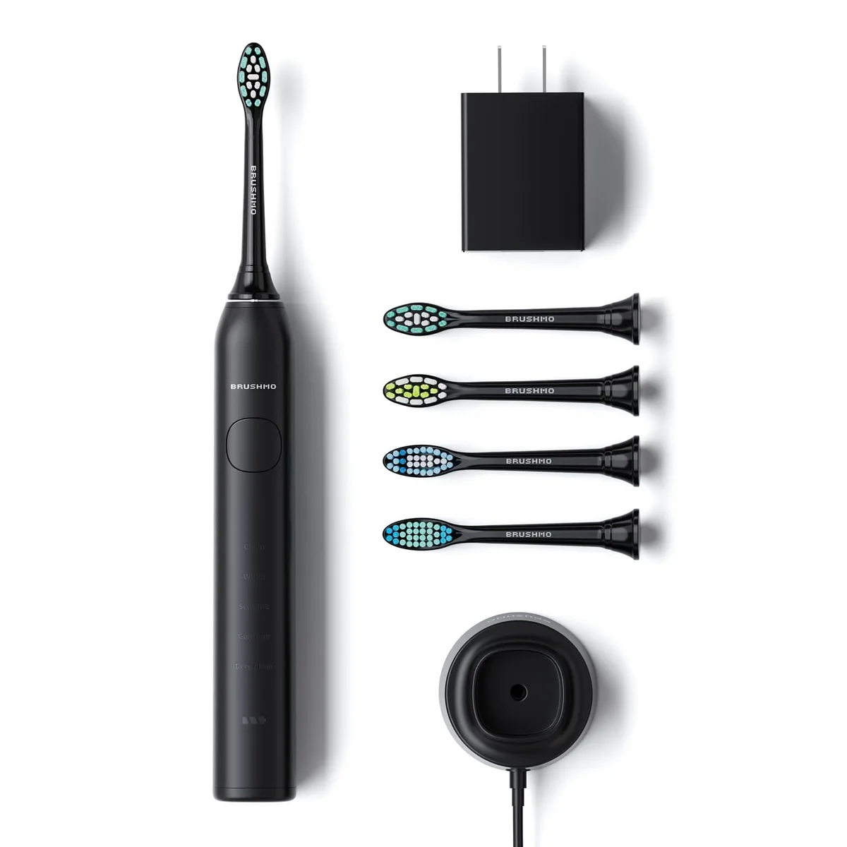 Black rechargeable sonic toothbrush handle with four click-on brush heads and USB-C charger