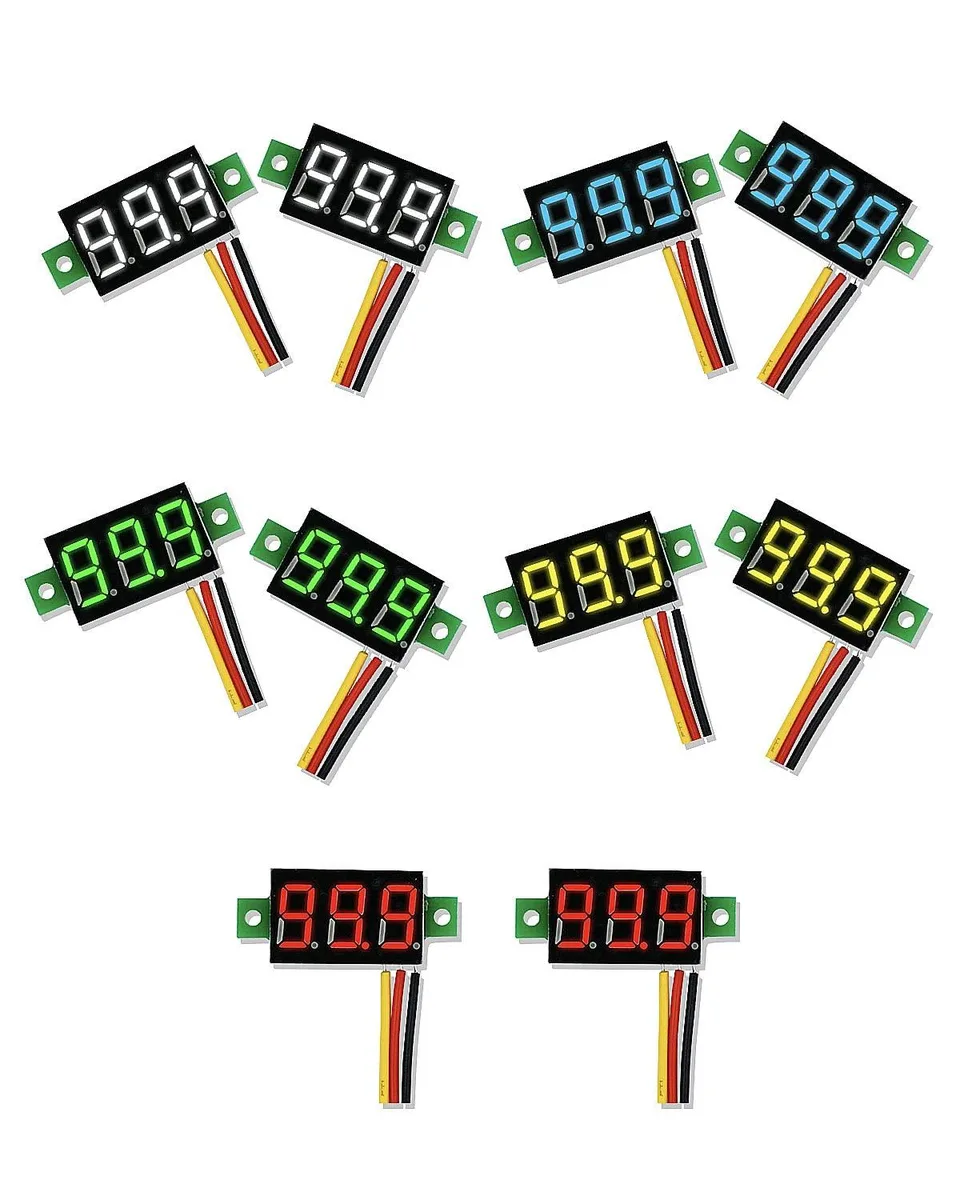Ten tiny rectangular voltmeters with 0.28 inch LED displays in red yellow blue green white