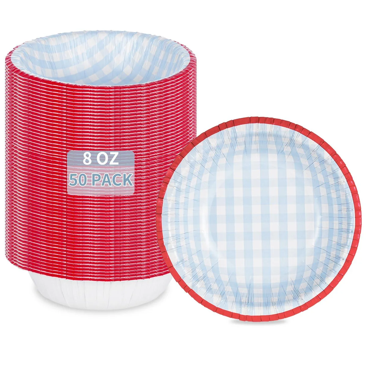 Stack of 50 blue gingham paper bowls 5.9 in round with red rim