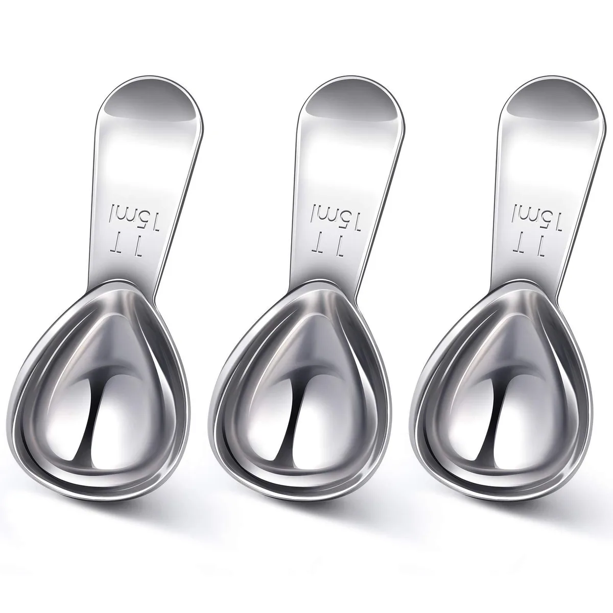Three stainless steel 15 ml measuring scoops with short handles and polished finish