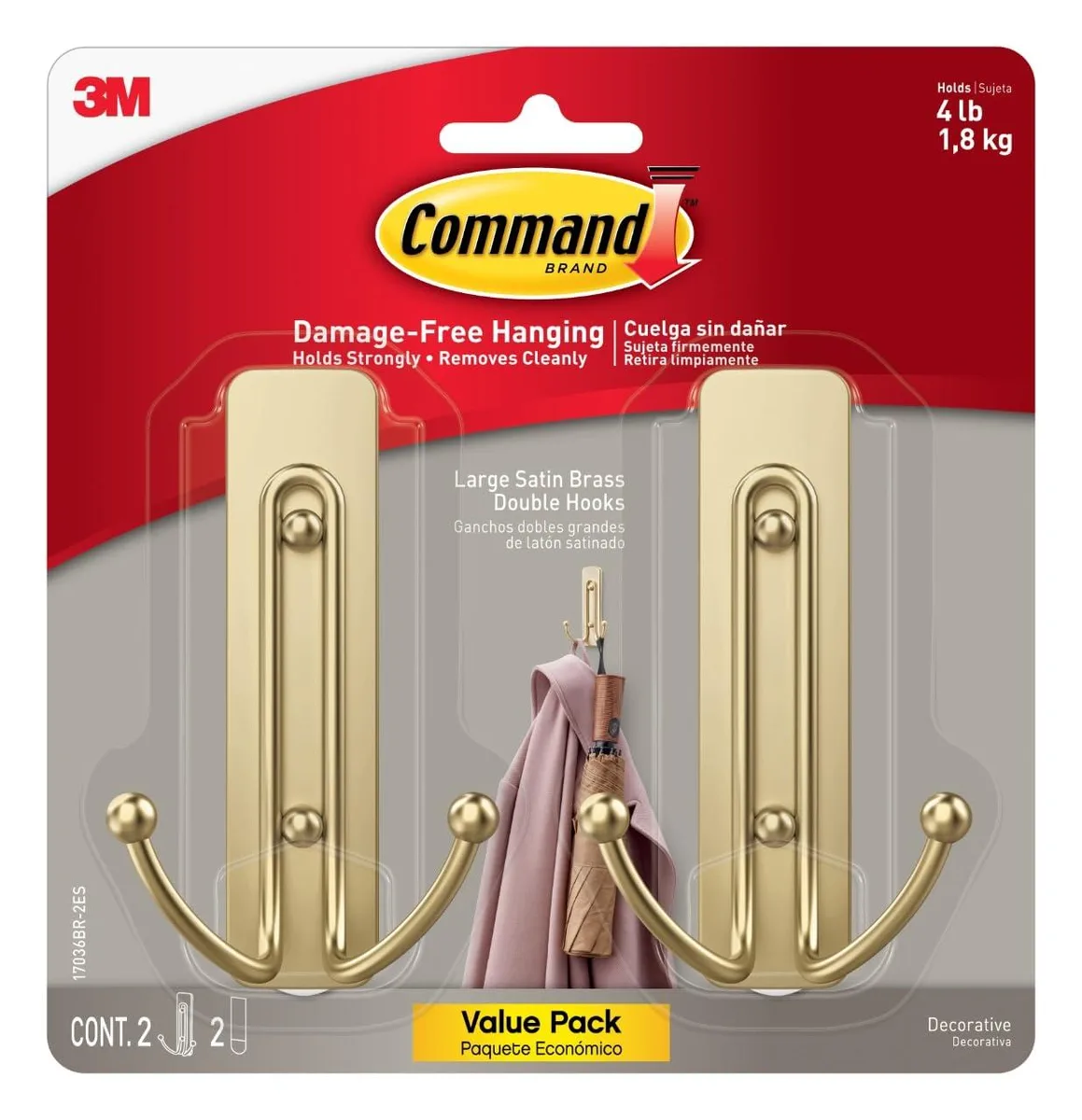 Two satin brass double hooks with adhesive strips