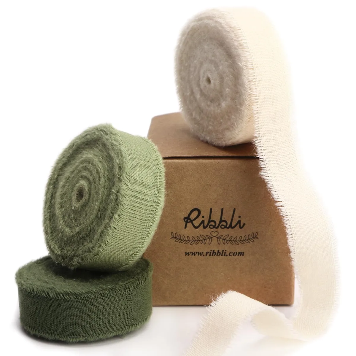 Ribbli 3 Rolls Cotton Frayed Fringe Ribbon 5/8 Inch 18 Yards Ivory Sage Moss — product photo