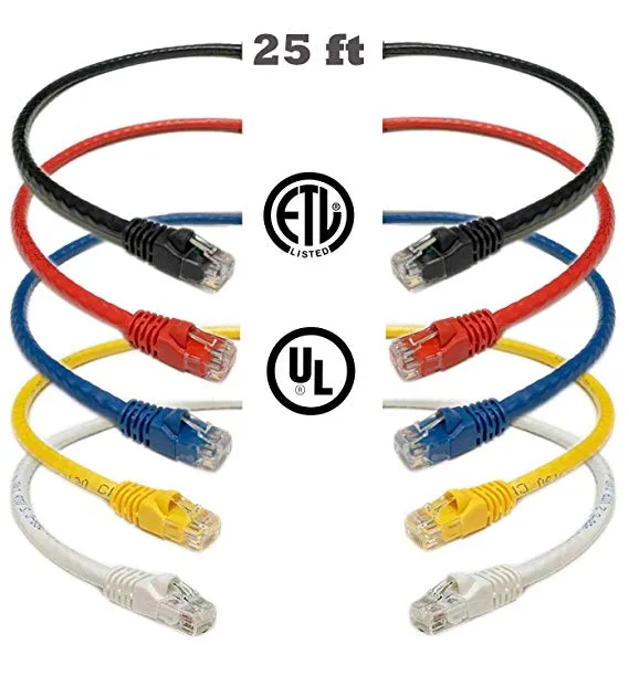 Five coloured Cat6 patch cables coiled together 25 ft each