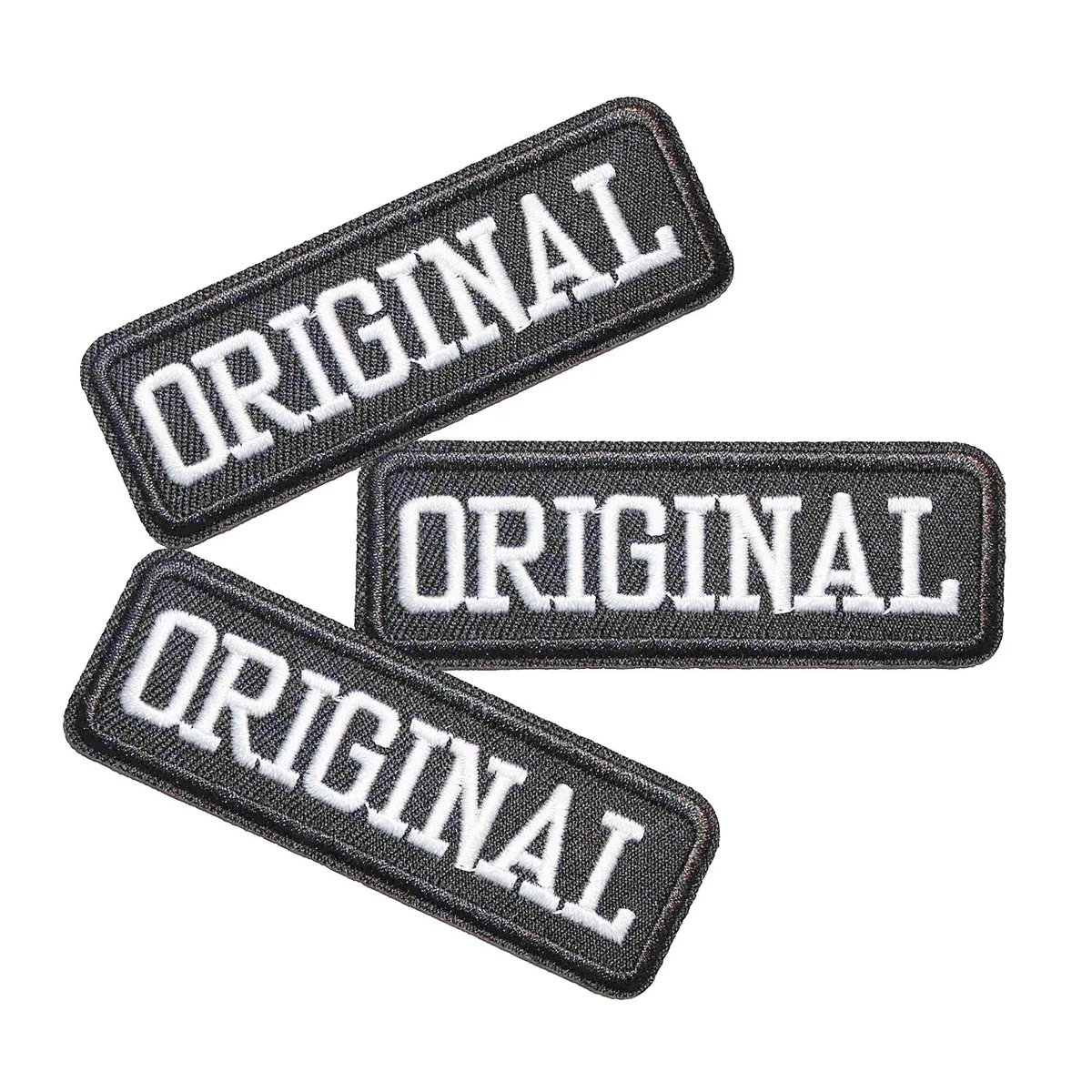 Three rectangular cotton patches with white ORIGINAL text on black denim-look fabric, raw edge stitching, 3.1 by 1 inch each