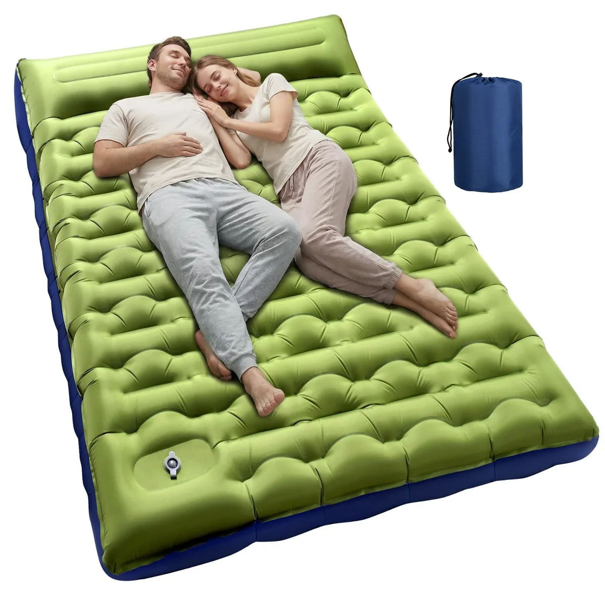 Rectangular green inflatable sleeping pad with built-in pillow and foot pump, folded in carry bag