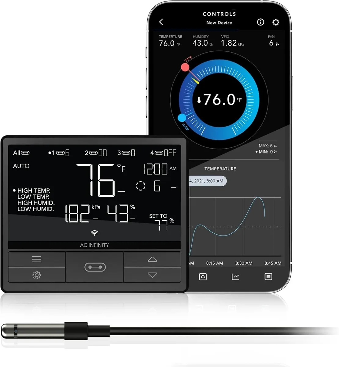 Rectangular digital controller with dark matte finish and screen displaying climate data