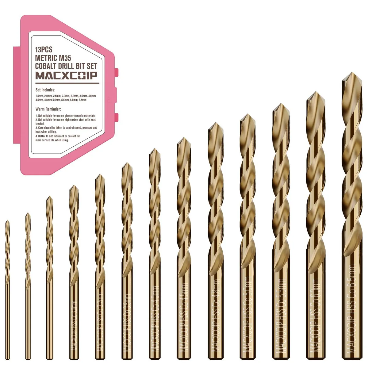 Thirteen cobalt drill bits in a plastic indexed case