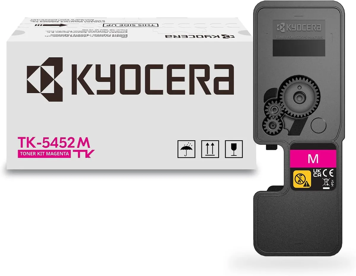 Rectangular magenta toner cartridge in white plastic housing