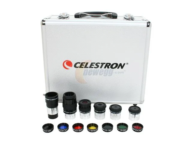 Silver metal case with foam interior holding eyepieces and filters