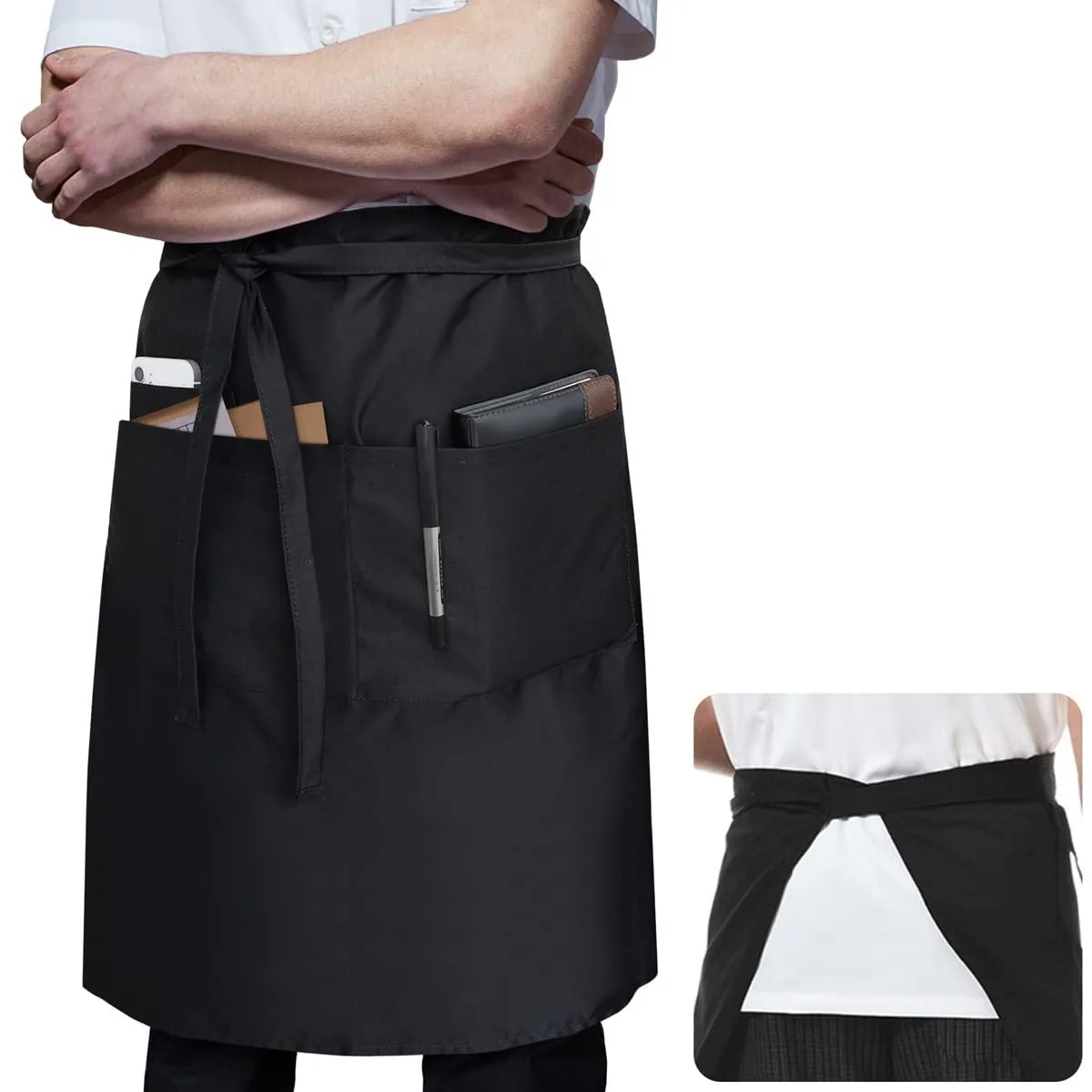 Black bistro server apron with three front pockets and long waist ties