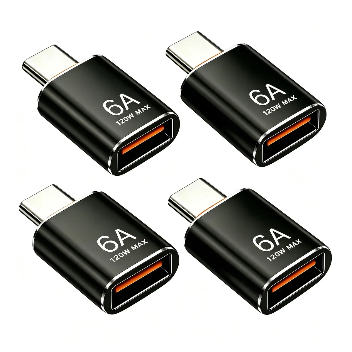 Four black USB-C to USB 3.2 female adapters in a set