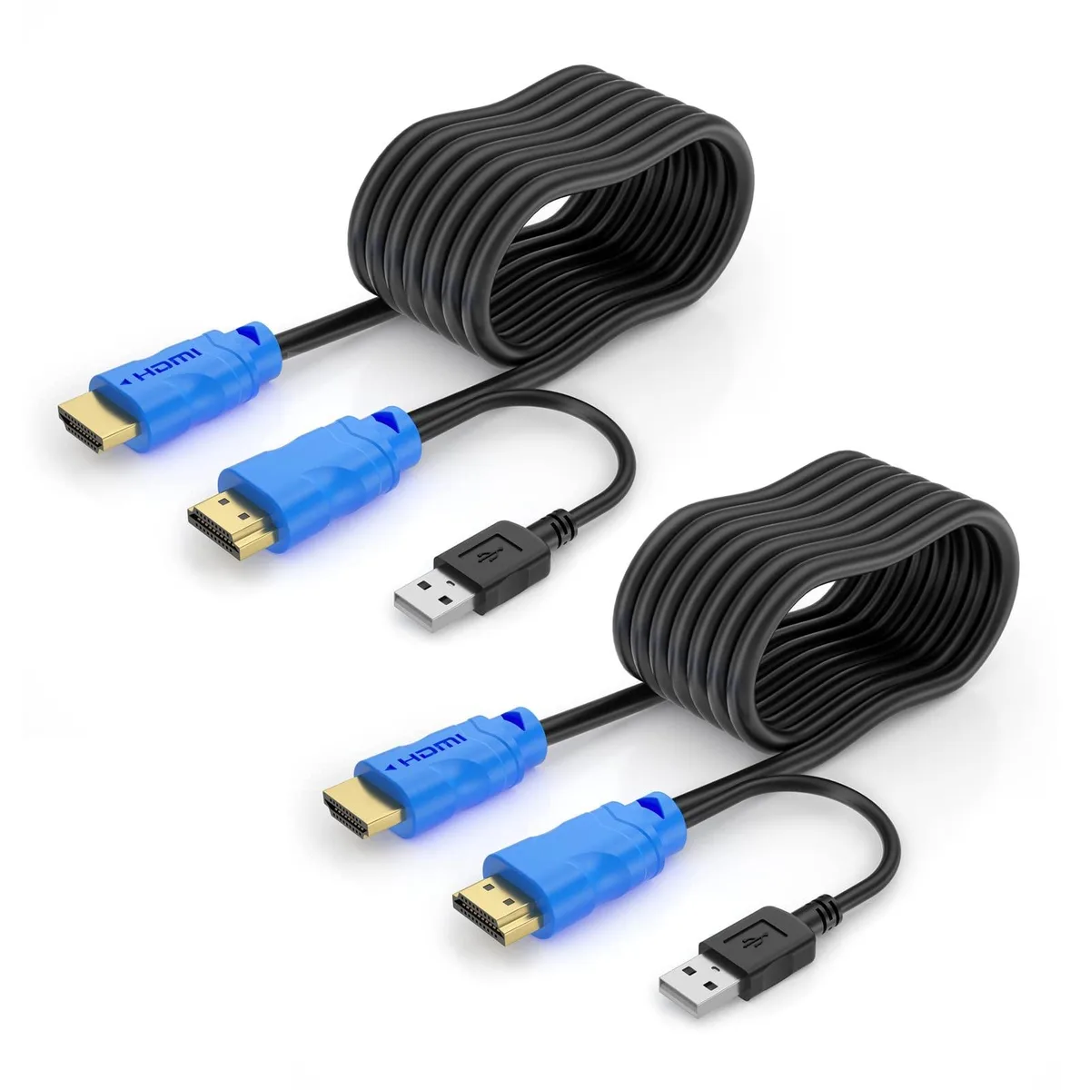 Two 16 ft HDMI KVM cables with USB pigtail connectors, black finish