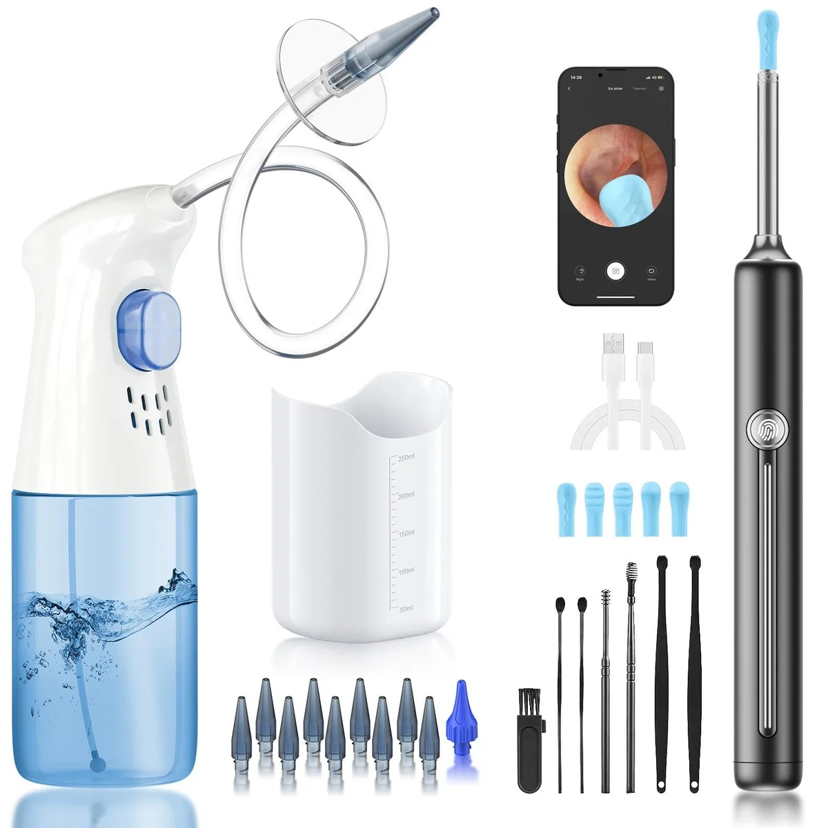 Blue and black ear cleaning kit with camera and 15 tips
